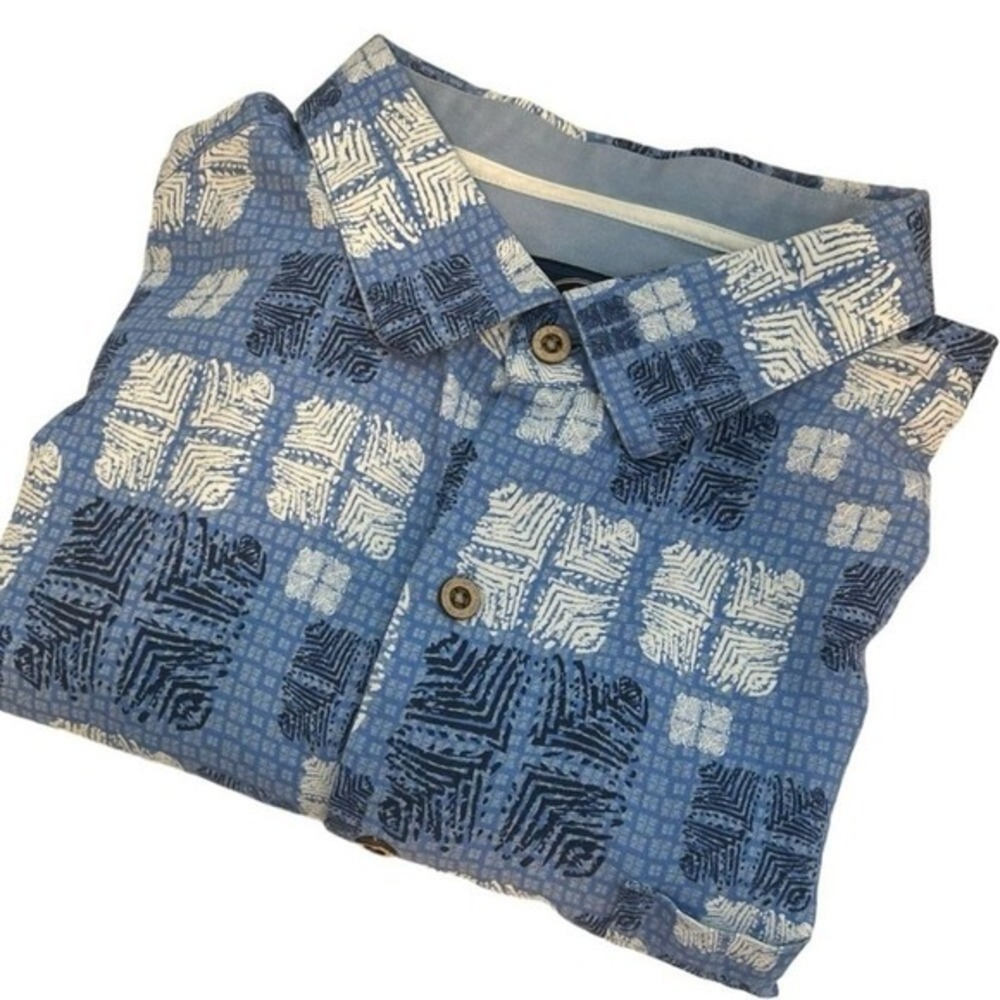 Nat Nast Mens Silk Blend Camp Shirt Geometric Tile XL Blue Short Sleeve Vacation